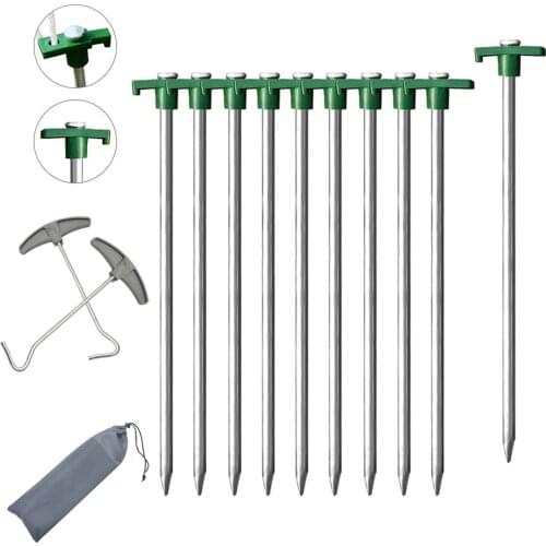 KMONE Galvanized Non-Rust Camping Family Tent Pop Up Tent Stakes Heavy Duty 10pc-Pack, with 1 Bag& 2 Nail Puller