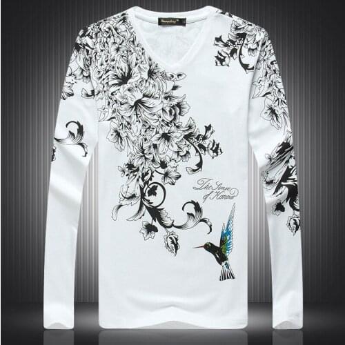 Chinese style creative flower bird pattern printing long sleeve t shirt Autumn 2018 New quality cotton luxury t shirt men M-4XL