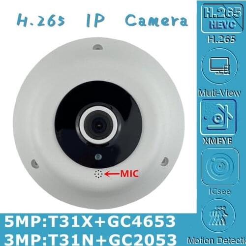 3/5MP Panorama Integrate MIC Audio IP Ceiling Dome Camera Indoor FishEye 1.7mm T31N+GC2053 2304*1296 T31X+GC4653 2592*1904 Onvif