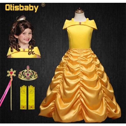 Beauty and Beast Party Girls Belle Dress Yellow Floor Length Ball Gown Fancy Fairy Princess Belle Brown Curly Wig for Children