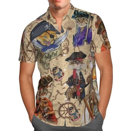Retro 3D Captain Pirate Cat Beach Hawaiian 2021 Summer Shirt Short Sleeve Shirt Streetwear Oversized Camisa Social Chemise Homme