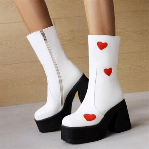 PXELENA 2022 JK Romantic Heart Shaped Platform Chunky High Heels Combat Boots Punk Rock Gothic Shoes Black White Plus Size 35-43