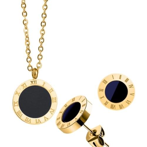 316L Stainless Steel Simple Black Enamel Roman Numeral Pendant Earring Necklace Set сережки набор