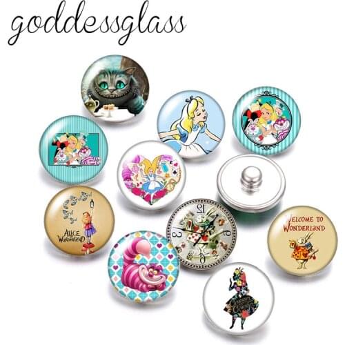Disney Alice Cheshire cat white rabbit 10pcs Round photo glass 18mm snap buttons for 18mm snap bracelets jewelry wholesale