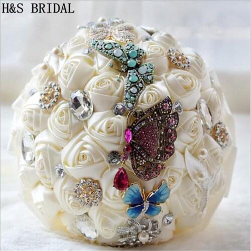 Gray Ivory White With Butterfly Bridal bouquet de mariage Decorative Artificial Rhinestone Bridesmaid Crystal Wedding Bouquet