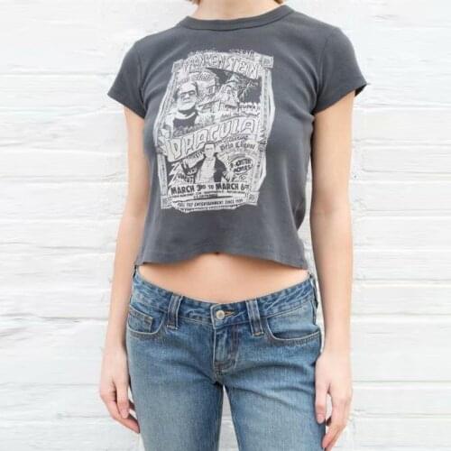 TVVOVVIN Women Frankenstein Print Front Short Sleeve T-shirt Tees Casual Loose Women D8MQ