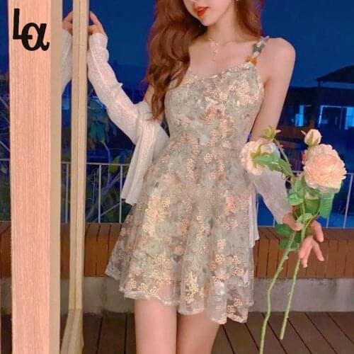 Luck A Green Floral Strap Dress Women Elegant Sweet Lace French Vintage Designer Sexy Cute Dress Summer 2021 Causal Party Dress