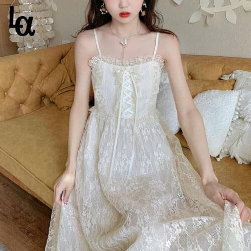 Luck A Japanese Kawaii Strap Fairy Dress Women Elegant Sweet Retro Lace Bandage Party Dress Gauze Pretty Chic Ball Gown 2021 New