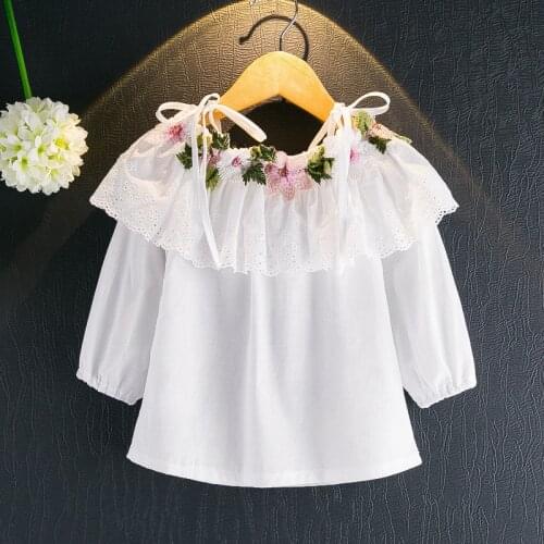 2018 Spring Autumn New Girls Flower Embroidery Shirts Baby Long-sleeved White Shirt Childrens Girls Slash Neck Princess Blouses