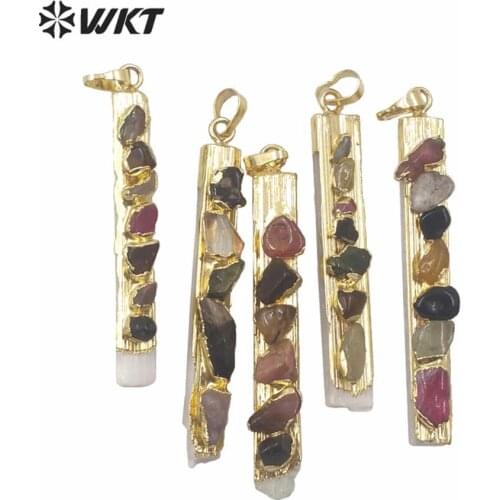 WT-P1560 WKT Natural Stone Long Shape Pendant In Gold Plated With Colorful Tourmaline Charms Fashion Selenite Pendant