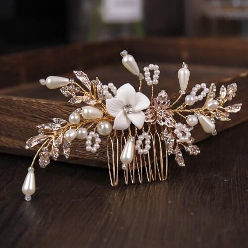 Pearls Wedding Hair Accessories Flowers Crystal Tiaras Hair Jewelry Gold Vintage Women Hair Jewelry Head Vines Clips Headpiece