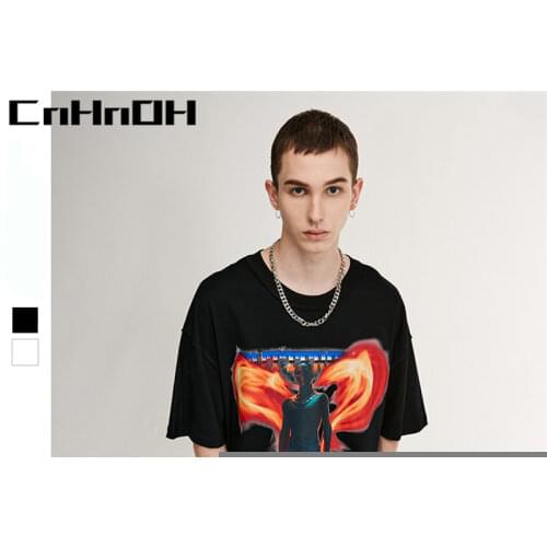 2021 Summer Hip Hop Streetwear High Street New Chic Half Sleeve Personality Fire Character Print Round Neck T shirt C001