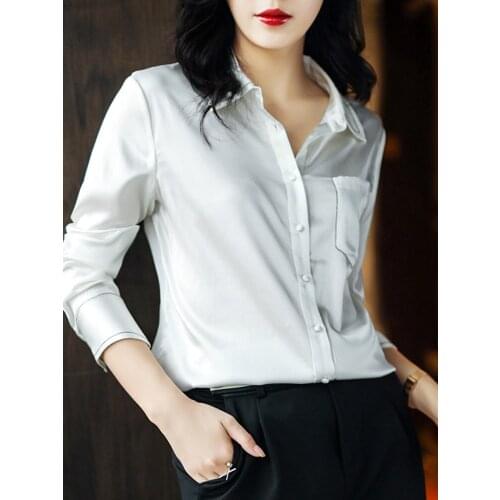 Mulberry silk shirt women white shirt long-sleeved high-end western-style blouse White shirt Blouse Tops