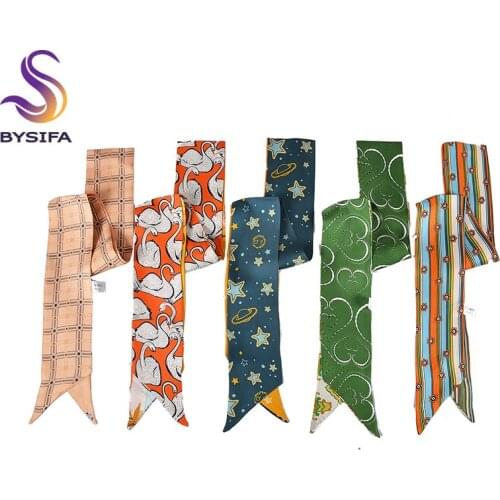 [BYSIFA] Twill Silk Scarf Female Orange White Swan Narrow Long Scarves Fashion Headband Handkerchief Brand Bag Ribbons Tie scarf