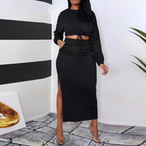 2021 Women Two Piece Casual Dress Suits Spring And Summer Long Sleeve Crop Top & Slit Maxi Skirt Set For Woman
