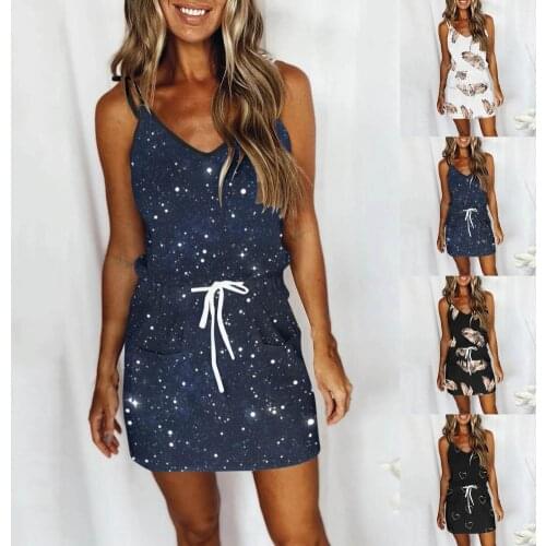 2021 Fashion Women Dress Summer Dress Feather Print Sling Women V Neck Drawstring Pockets Dress for Party