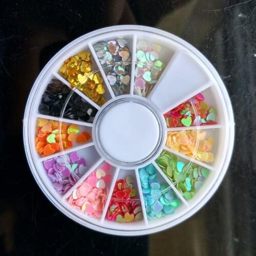 1X Wheel Nail Art Rhinestones Decoration 3D 12 Design Mix Color Glitter SWEET HEART SHAPE Gems Nail Studs