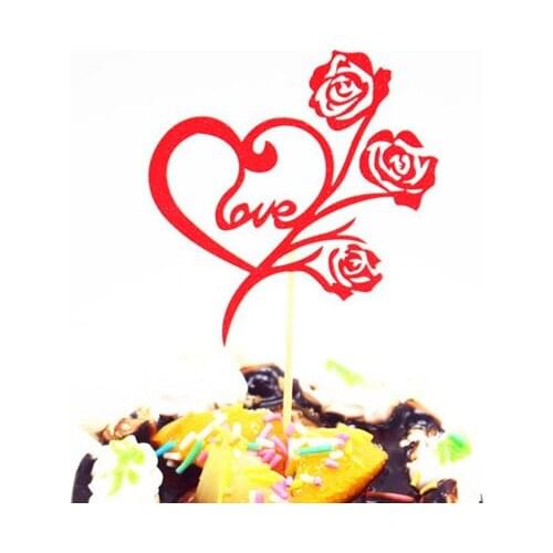 10pcs Rose Love Heart Wedding Cake Flag Topper Mothers Day Cake Flags For Birthday Wedding Party New Years Cake Baking Decor