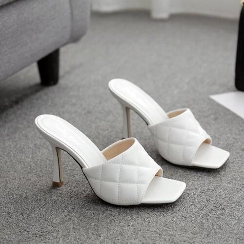 2020 NEW Sexy PU diamond Square head Peep Toe High Heel Slippers Summer Fashion Slip On Thin Heels Slides Women Mules Party 41