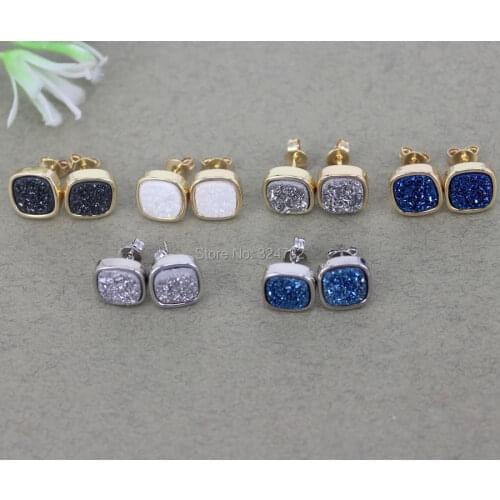 5 Pairs Natural Druzy Titanium Stone Square Stud Earrings,Fashion Druzy Gem stone Stud Earrings