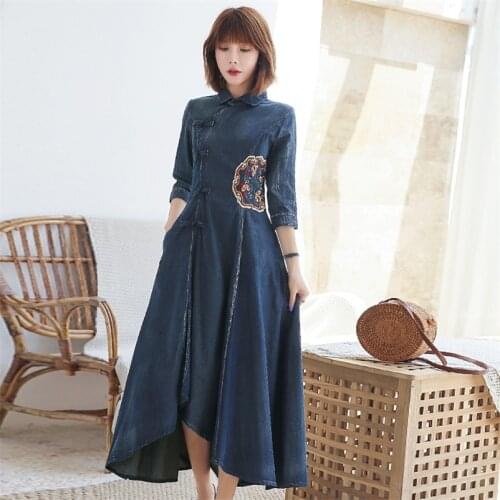 Brand New Autumn Women Denim Cheongsam Dress 2020 Vintage Embroidery Girls Dresses Half Sleeve Dresses Vestidos QN2262