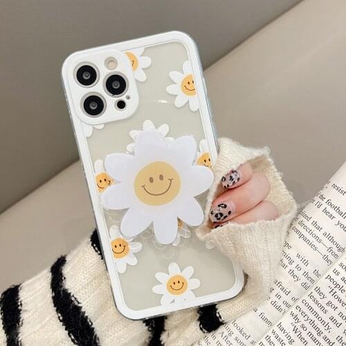 Cute Smile Face Flower Holder Stand Phone Case For iPhone 11 12 Pro Max Mini XR XS Max X 7 8 Plus Floral Soft Clear Cover Capa