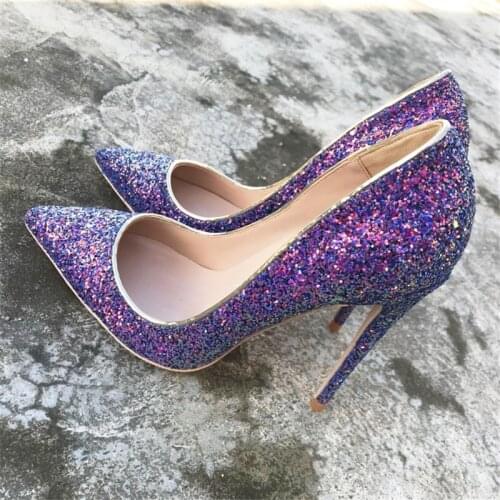 Purple Glitter Shiny Pumps Women Shoes High Heel 12 cm Stilettos Pointed Toe Chaussure Femme Talon Sexy LF001 CHENSIR9