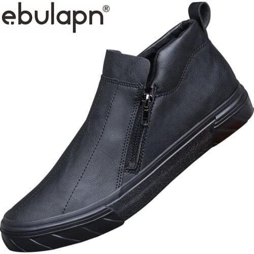 Ebulapn Brand Men Vulcanized Shoes British Trend Casual Pu Leather Shoes Fashion Designer Soft Sole Side Zip Loafer Boots
