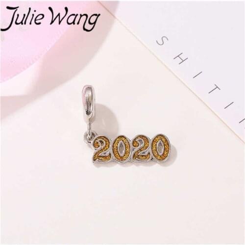 Julie Wang 5PCS Number 2020 Bead Charms New Year Zinc Alloy Bracelet& Bangles Necklace Jewelry Making Accessory