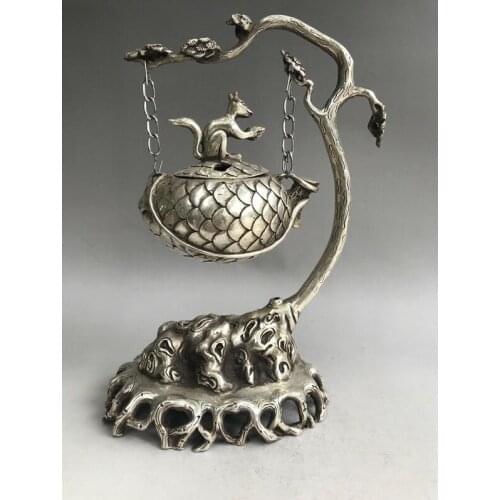 China Antiques Tibetan silver hand made Squirrel Pine nut Incense Burners