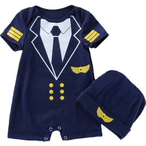 Baby Boy Birthday Costume Newborn Short-sleeved Boxer Romper Fake Two-piece Infant Baby Clothing Aviator Uniform Summer Pullover