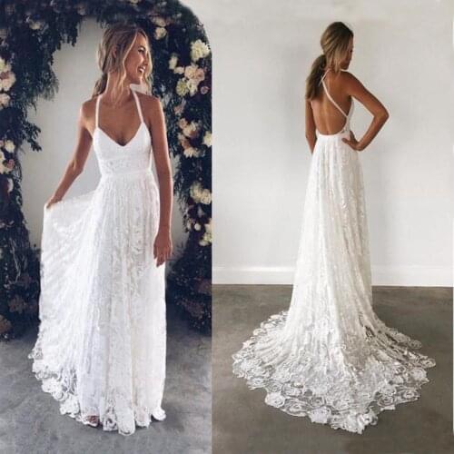 Lace Beach Wedding Dress A Line Backless Floor Length White Boho bridal dresses 2020 cheap wedding dresses free shipping