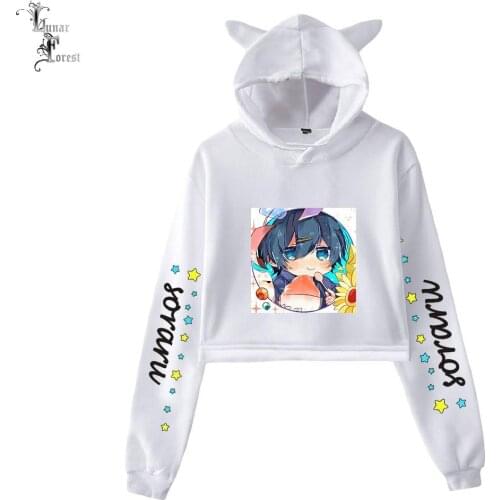 Kawaii Cute Nico Nico Soraru Long Sleeve Cropped Hoodies Sweatshirt Women Cat Ear Hoodied Pullover Crop Tops Hoodie