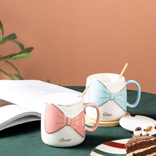 Cute Kawaii Feminine Mug 401-500ML Ins Bow Microwavable Mug Ceramic Cup Korean Style Cartoon Mug with Lid and Spoon Milk Cup