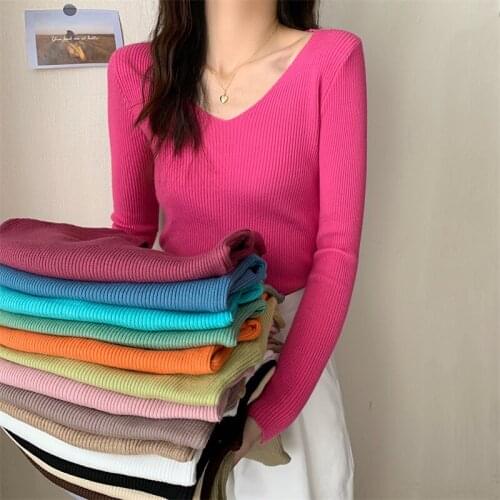 2021 autumn and winter new slim-fit v-neck bottoming sweater foreign style soft inner long-sleeved top pullover