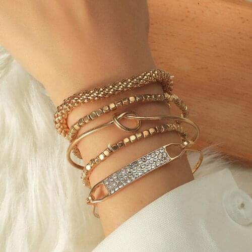 New Rhinestone Bracelets Elegant Cuff Bangle For Women Gold Color Hollow Chain Bracelet Sets Vintage Boho Jewelry