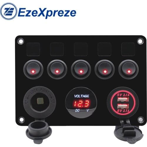 5 Gang Boat Switch Panel 12V Power Outlet Voltmeter 4.2A Dual USB Charger for Car Boat Marine RV Rocker Panel Switches