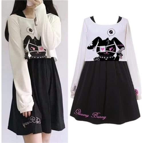 Harajuku Japanese Lolita Dress Black Comic Rabbit Dress 2 Pcs Suit Kawaii Bunny Print Tutu Dress