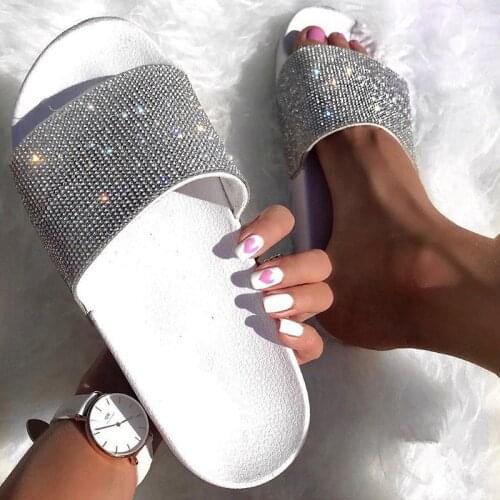Rhinestone Bling Beach Slides Women Slippers Flip Flops Summer Casual Shoes Crystal DiamondSandals Slip On Flat Footwear