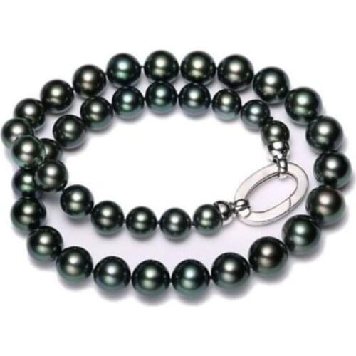 Stunning 12-14mm tahitian round black green pearl necklace 18inch 925s