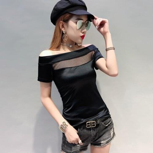 Summer Casual T-shirt Mesh splicing Short sleeve One word collar Top 2021 Women T Shirt Plus Size