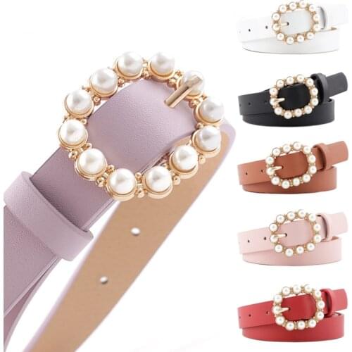 Fashion Pearl Decorative Belt Ladies Belt Round Pin Buckle Pearl Belts Womens Casual Solid PU Leather Thin Belt Ceinture Femme