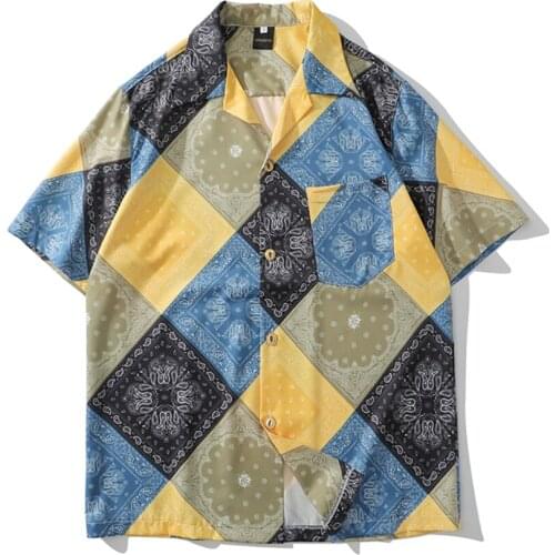 Summer Tops Mens Print Black Bandana Shirt Paisley shirt Cashew Flowers Shirts Man Hiphop Turn Collar Shirts Harajuku