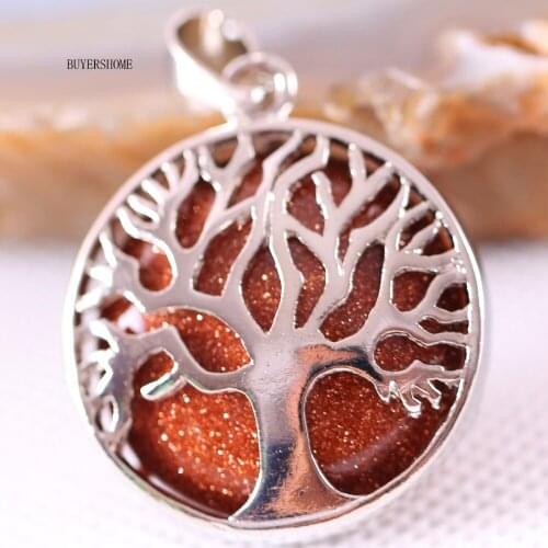 Silver Color Tree of life Round Necklace Pendant 25MM Natural Stone Gold Sandstone 1Pcs K413