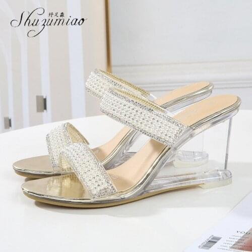 SHUZUMIAO Women Crystal Wedges Slippers Summer Ladies Rhinestone Sandals Casual Shoes Woman Fashion Female 2021 Comfort Sandals