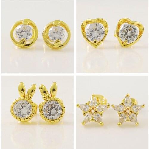 Classic Retro Style 24k Yellow Gold Color Star Heart Round Rabbit Stud Earrings With Clear CZ Luxury Jewelry Woman