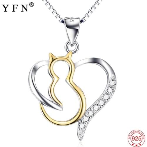 YFN 925 Sterling Silver Necklace Crystal Zircon Cute Cat Love Heart Pendant Necklace Woman Mothers Day Gift Girls Birthday Gift