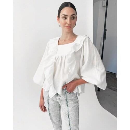 2021 Elegant Ruffle Women Blouse Square Collar Puff Sleeves Solid Color Female Shirt Patchwork Backless Buttons Ladies Tops