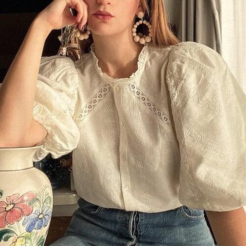 Lace Embroidered Cotton Shirt Women 2021 Puff Sleeve O neck Patchwork Chic Elegant Blouse Vintage White Loose Tunic Summer