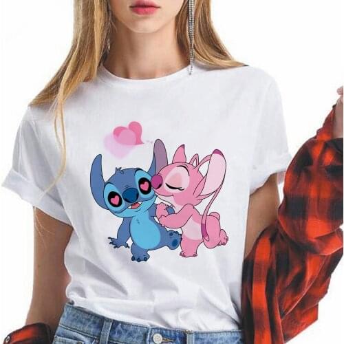 Urban Stitch Disney Ohana Woman Clothes T-Shirts Sweet Cartoon Valentines Day France Street Hipster Oversize Soft Girl Vogue